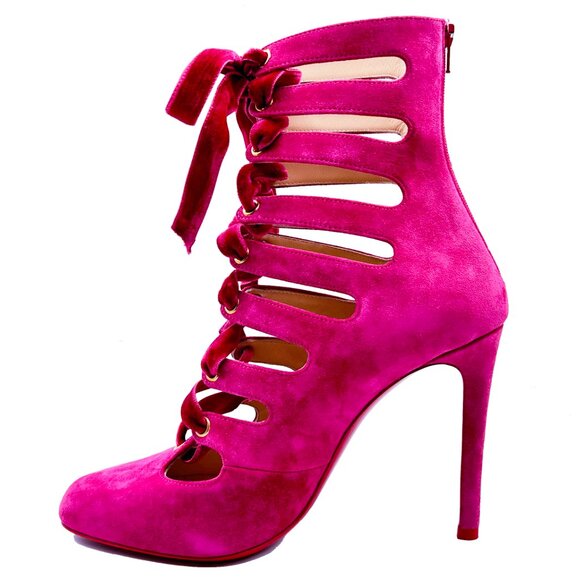 Brand new Christian Louboutin Spinetita 100 Pink Suede Leather Lace Up Bootie - Picture 5 of 13